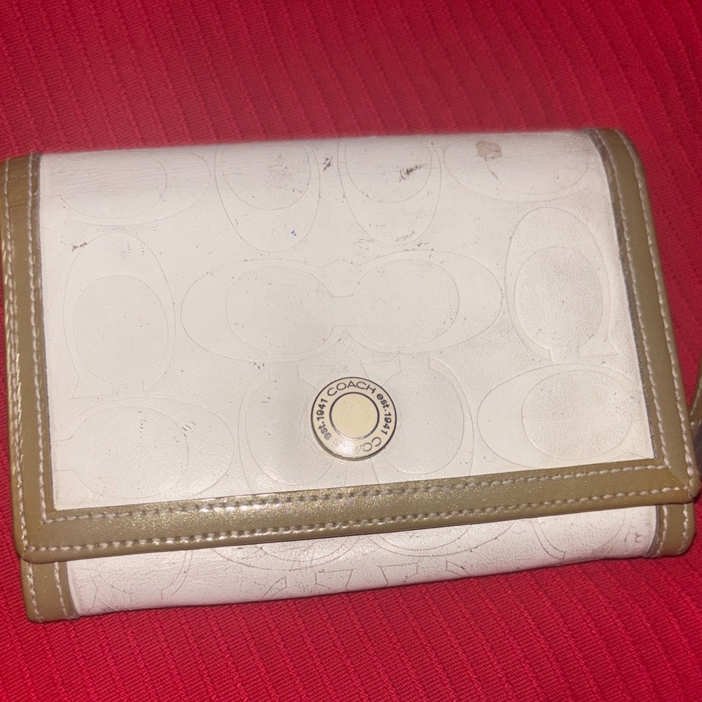 Coach Cream and Tan Signature Tri-fold Wallet with coin zipper area inside